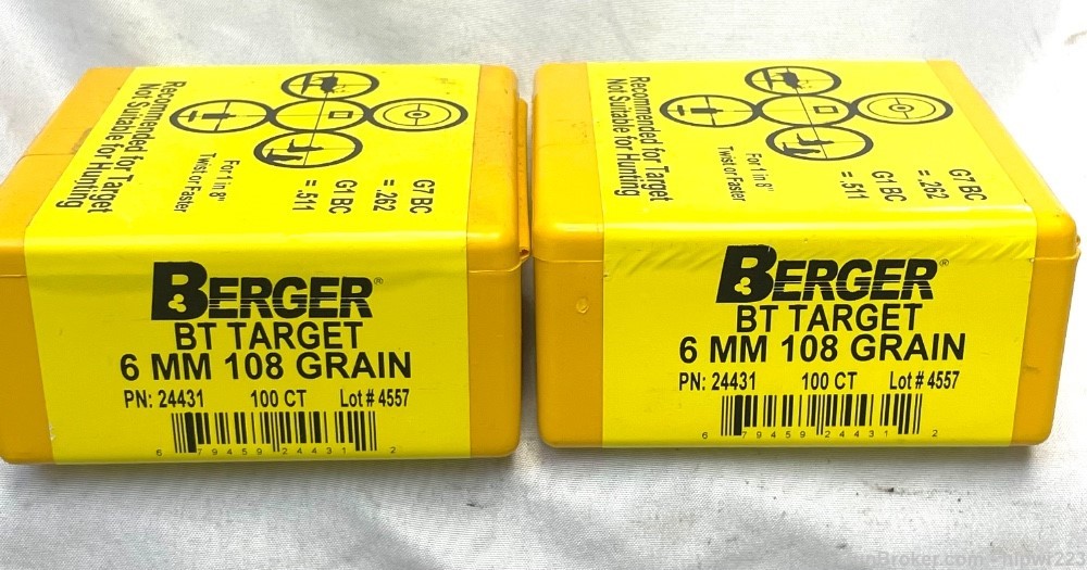 Berger 6MM 108G BT Target PN: 24431  TWO SEALED BOXES ONE LOT. -img-0