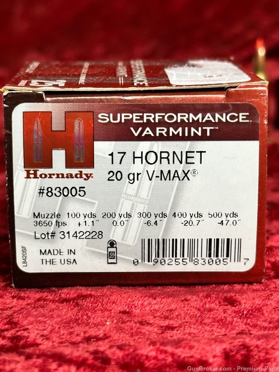 17 Hornet Ammo Ammunition 20gr V-Max 3650 fps by Hornady Box/25 -img-1