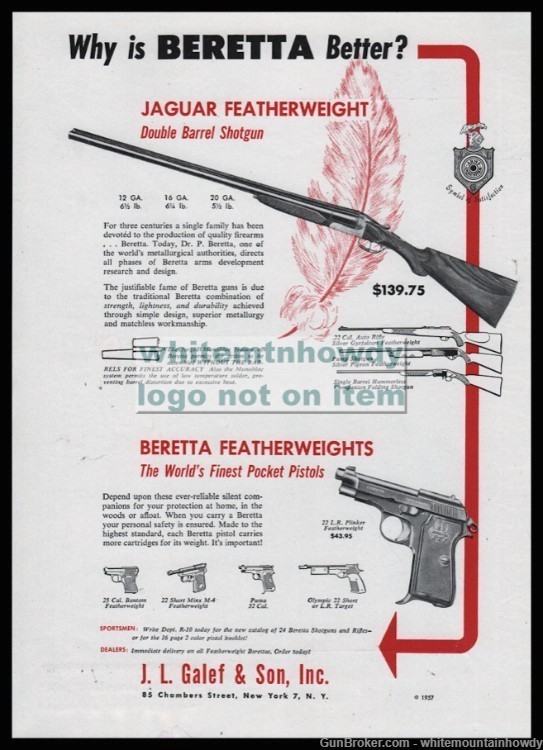 1957 BERETTA Jaguar Shotgun & Pocket Pistol Original PRINT AD-img-0