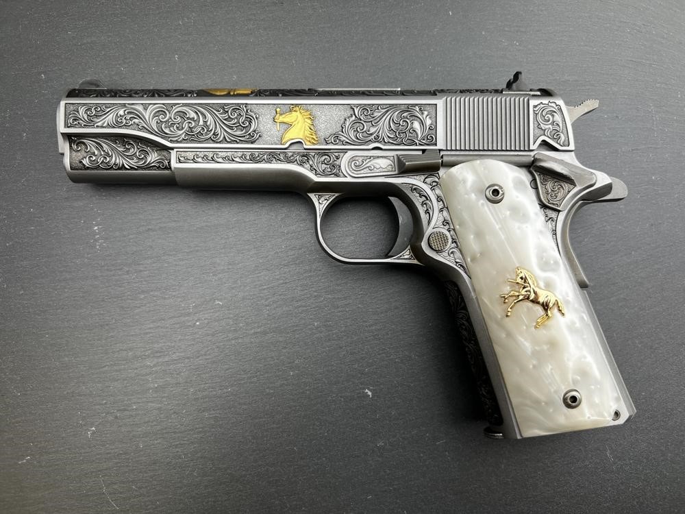Colt 1911 .38 Super Engraved Scroll Rampant Colt Gold Plated by Altamont-img-0