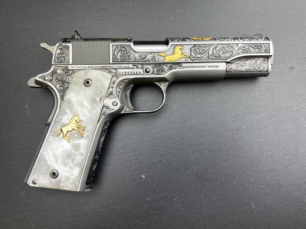 Colt 1911 .38 Super Engraved Scroll Rampant Colt Gold Plated by Altamont-img-1