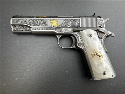 Colt 1911 .38 Super Engraved Scroll Rampant Colt Gold Plated by Altamont