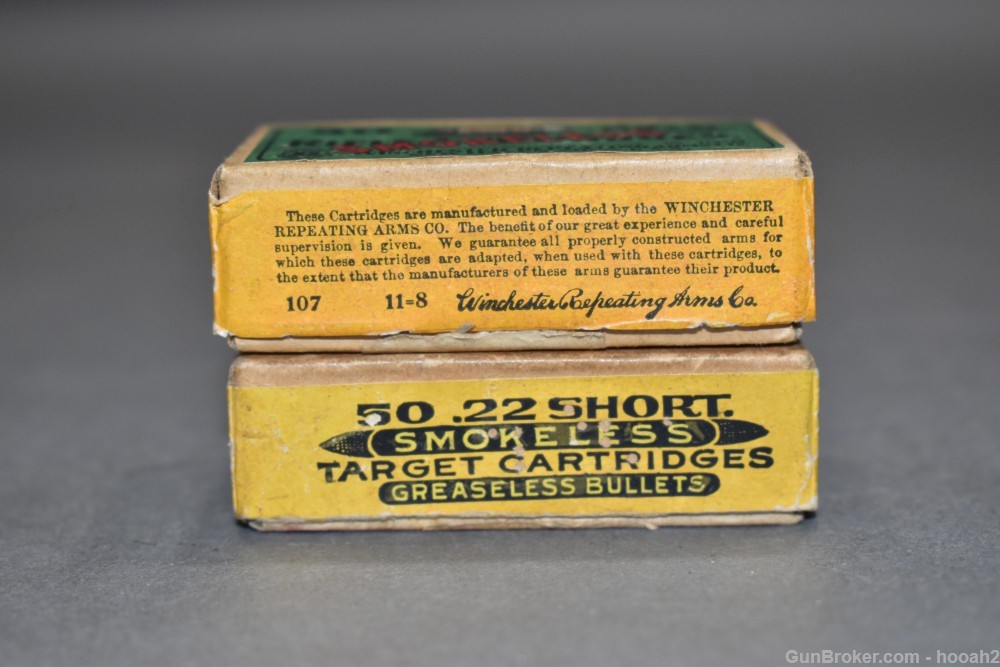 2 Scarce 2 Pc Boxes 97 Rds Winchester 22 Short Smokeless Circa 1908 READ-img-1
