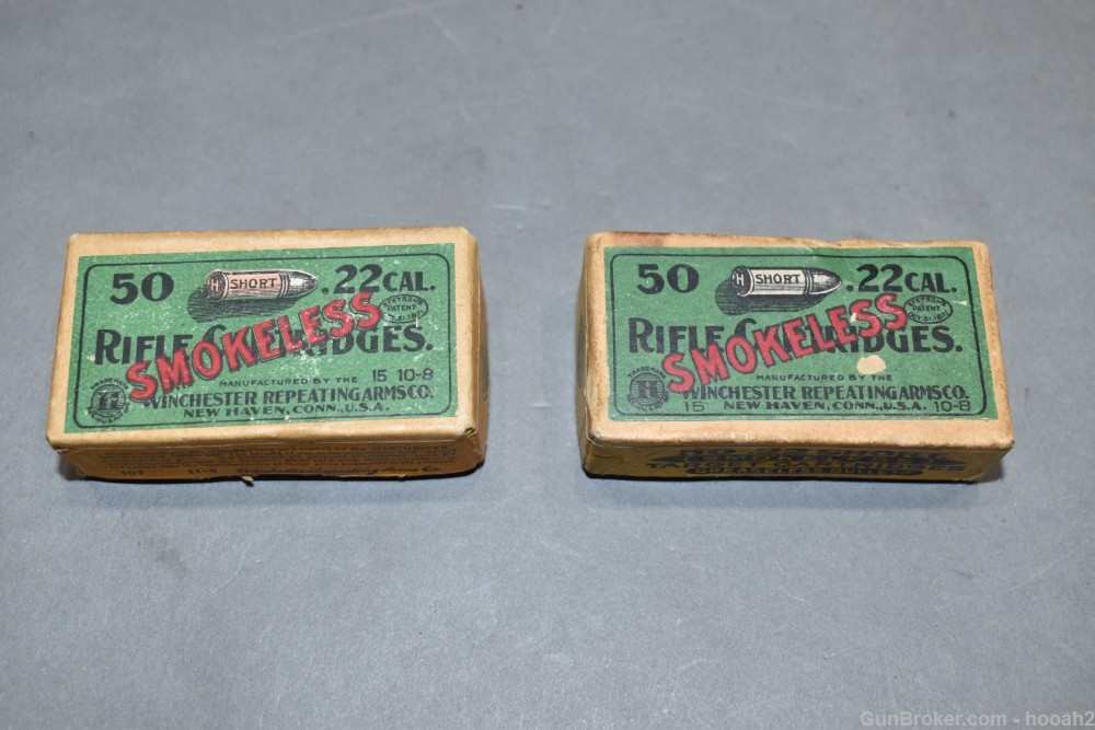 2 Scarce 2 Pc Boxes 97 Rds Winchester 22 Short Smokeless Circa 1908 READ-img-0