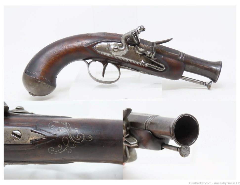 ENGRAVED & INLAID Antique FRENCH Style .54 FLINTLOCK Flared Barrel Pistol  -img-0