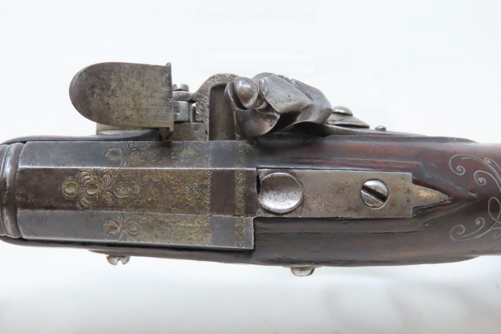ENGRAVED & INLAID Antique FRENCH Style .54 FLINTLOCK Flared Barrel Pistol  -img-8