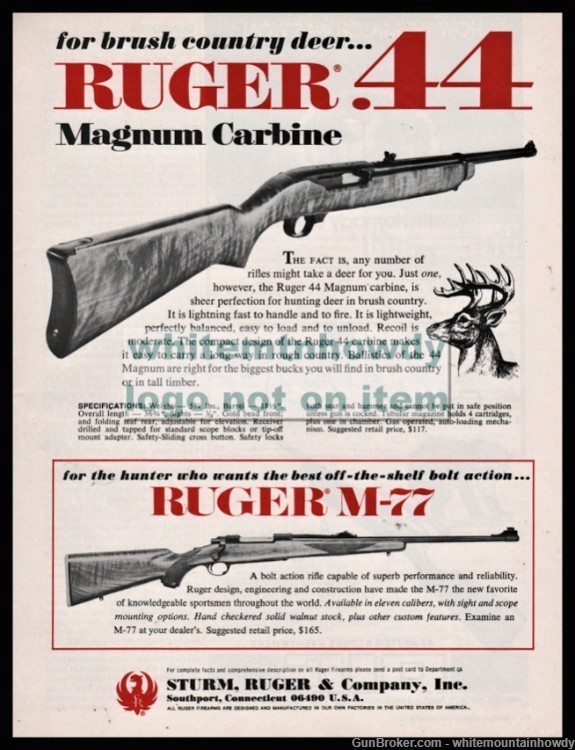 1972 RUGER .44 Magnum Carbine & M-77 Bolt Action Rifle PRINT AD-img-0