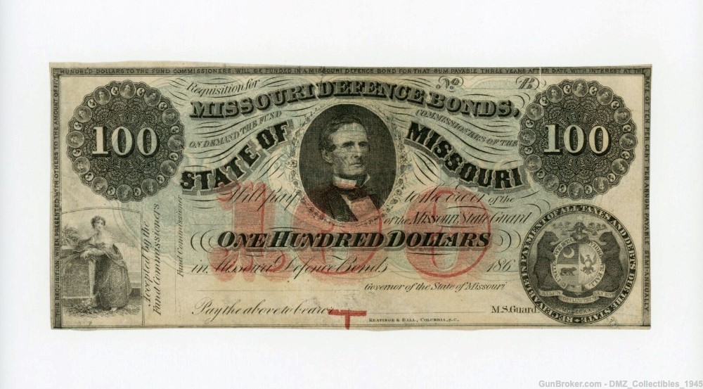 1860s $100 Missouri Defence Bond Note Bill Money Currency-img-0
