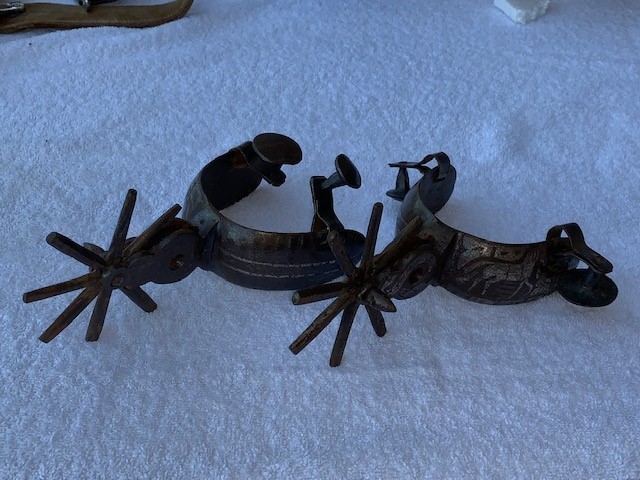ANTIQUE SPANISH COLONIAL FORGED SPURS, SILVER INLAY-img-0