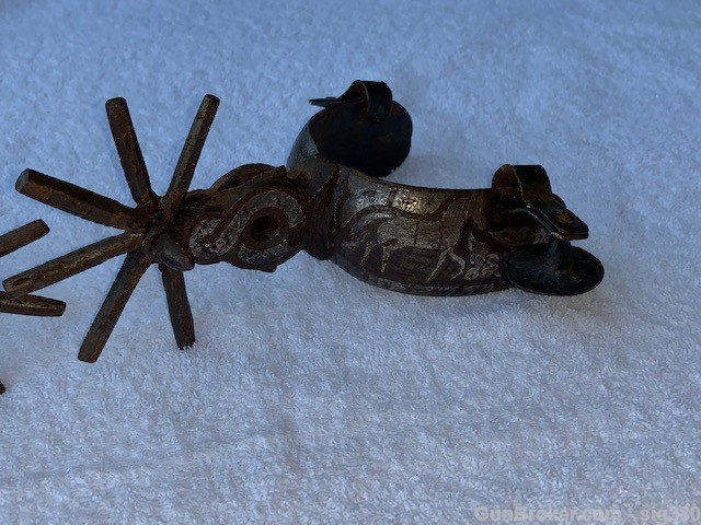 ANTIQUE SPANISH COLONIAL FORGED SPURS, SILVER INLAY-img-4
