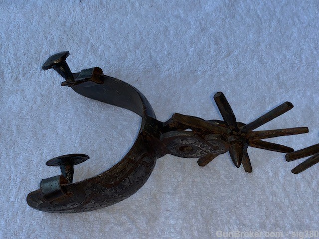 ANTIQUE SPANISH COLONIAL FORGED SPURS, SILVER INLAY-img-2