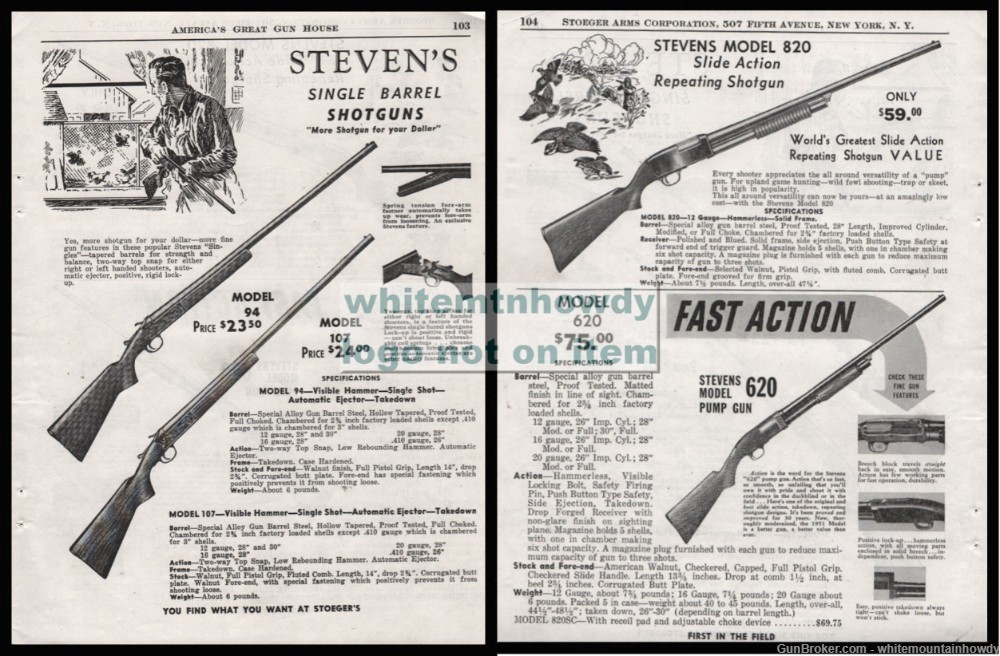 1953 STEVENS Nidel 94, 107, 82, 62 Shotgun 2-Side PRINT AD-img-0
