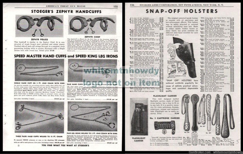 1953 STOEGER HANDCUFFS, Leg Irons, Billie Clubs 2-side PRINT AD-img-0
