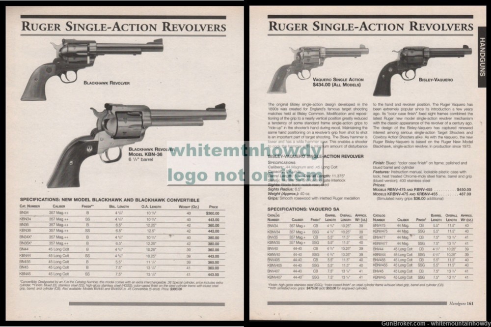 1999 RUGER Blackhawk, Vaquero, Bisley Revolver 2-side PRINT AD-img-0