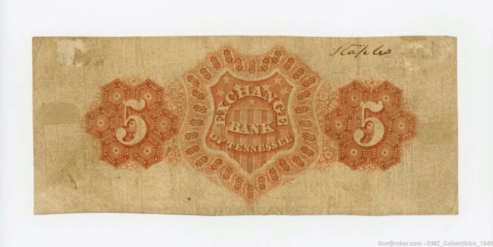 1850s $5 Tennessee Bank Note Currency Money-img-1