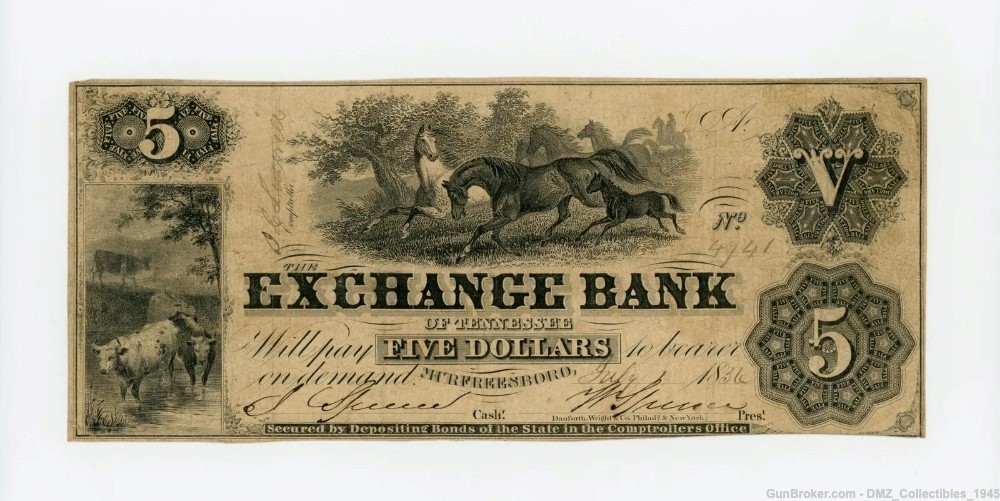1850s $5 Tennessee Bank Note Currency Money-img-0