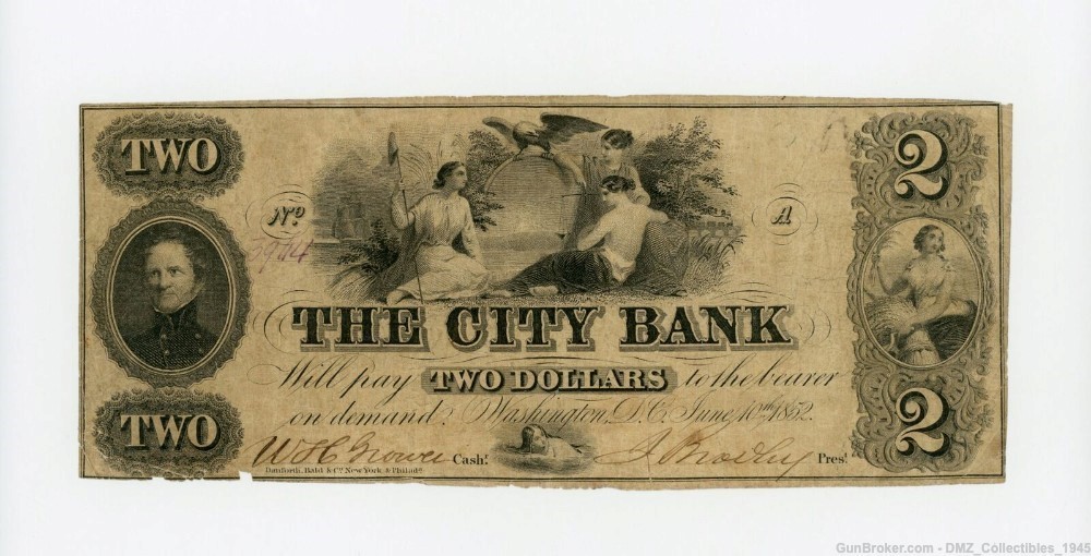 1850s $2 Washington DC Bank Note Money Currency-img-0