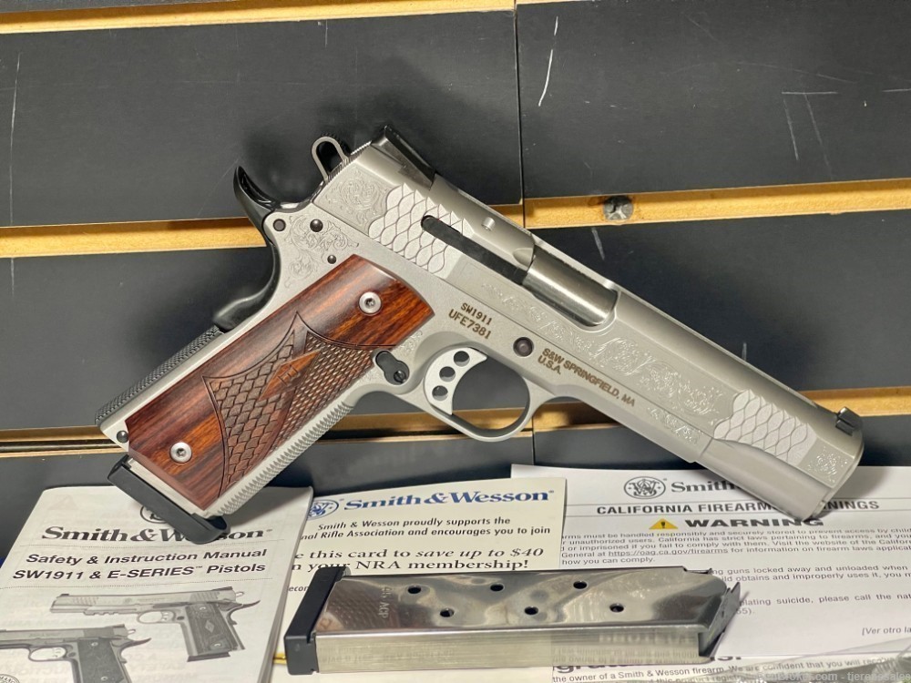 S&W  Smith & Wesson 1911 Stainless engraved 45 ACP 5" full size wood 10270-img-2