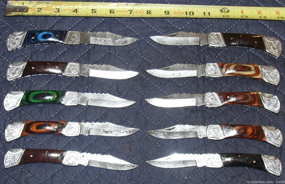 10 ASSORTED HAND MADE DAMASCUS STEEL POCKET KNIVES W/SHEATHS-img-0