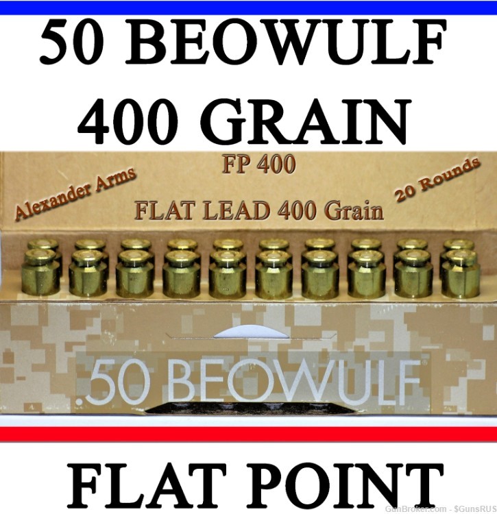 Alexander Arms .50 Beowulf 400 Grain Jacketed Flat-Point HAWK 20 Round Box-img-4