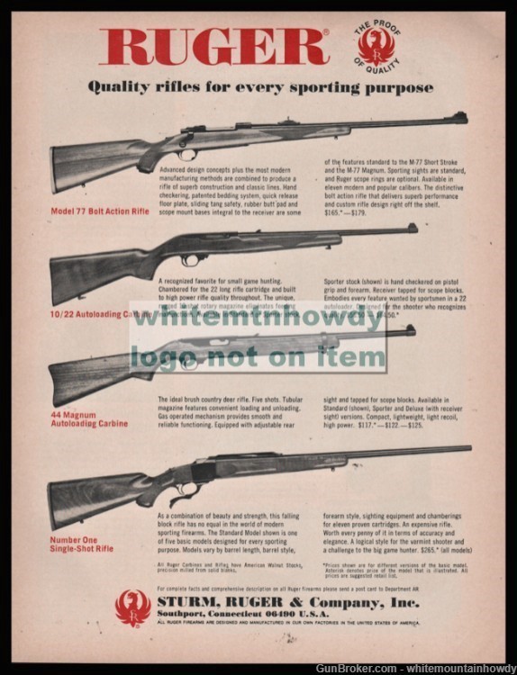 1971 RUGER Model 77 & Number One Rifle 10/22 & 44 Magnum Carbine AD-img-0