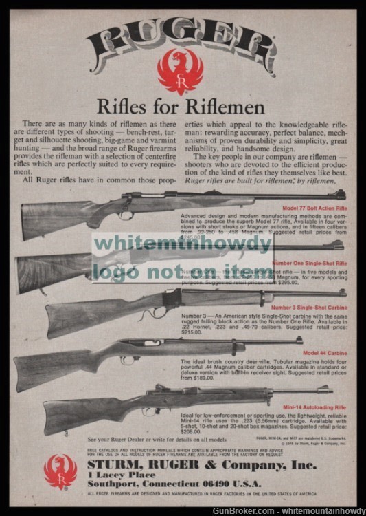 1979 RUGER 77 Bolt Action, Number One, 44 Carbine, Mini-14, No 3 Rifle AD-img-0