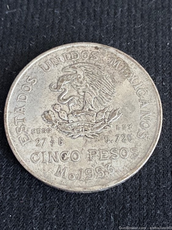 Beautiful Vintage 1953 Mexico Cinco Pesos 27.78 Grams 72% Silver Coin-img-1