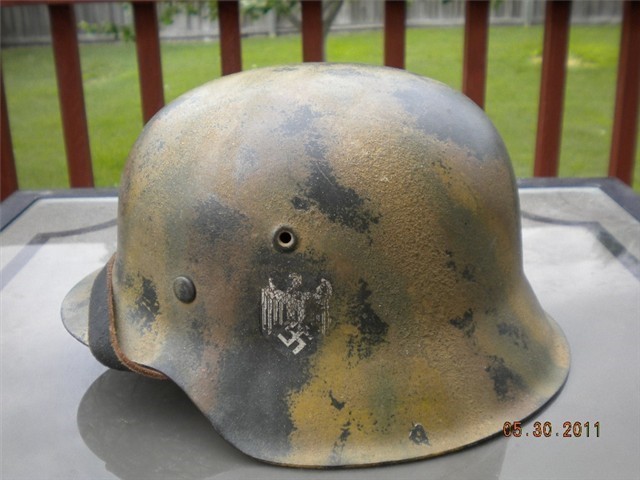 GERMAN WWII M42 SINGLE DECAL HELMET NORMANDY CAMOUFLAGE w/ LINER (RARE)-img-7