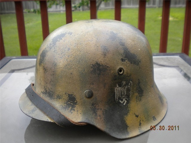 GERMAN WWII M42 SINGLE DECAL HELMET NORMANDY CAMOUFLAGE w/ LINER (RARE)-img-8