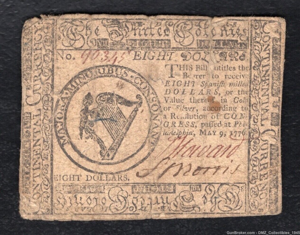 US Revolutionary War Era 1776 $8 Continental Currency Note Money -img-0