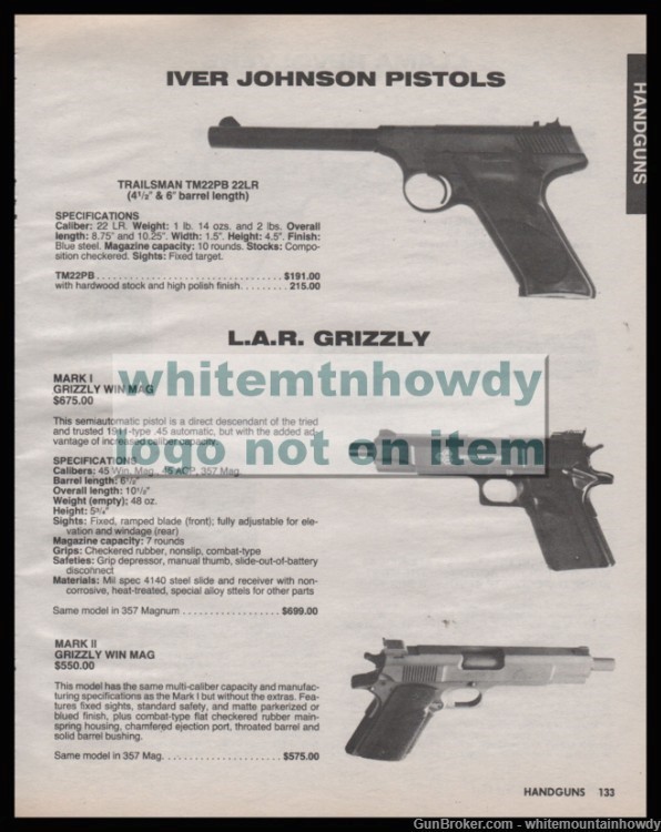  1987 L.A.R. GRIZZLY Mark I and II Pistol PRINT AD w/Iver Johnson TM22PB-img-0