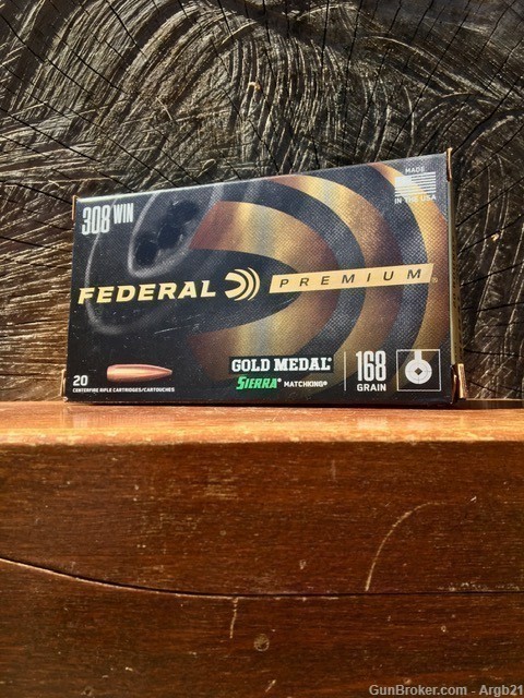 Federal 308 WIN Gold Medal Sierra Matchking 168Gr. 20 Round No CC Fee -img-0