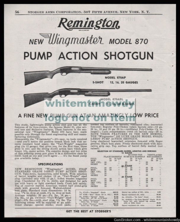 1951 REMINGTON 870 (870AP and 870ADL) Pump Shotgun Original PRINT AD-img-0