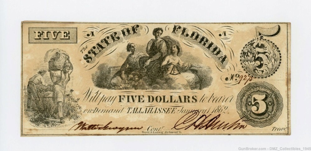 Civil War Era $5 Florida Note Antique Currency Money-img-0
