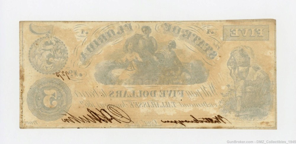 Civil War Era $5 Florida Note Antique Currency Money-img-1