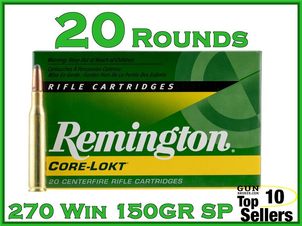 Remington 270 Core-Lokt Soft Point Ammo 150 gr 27810 brass 20ct Box-img-0