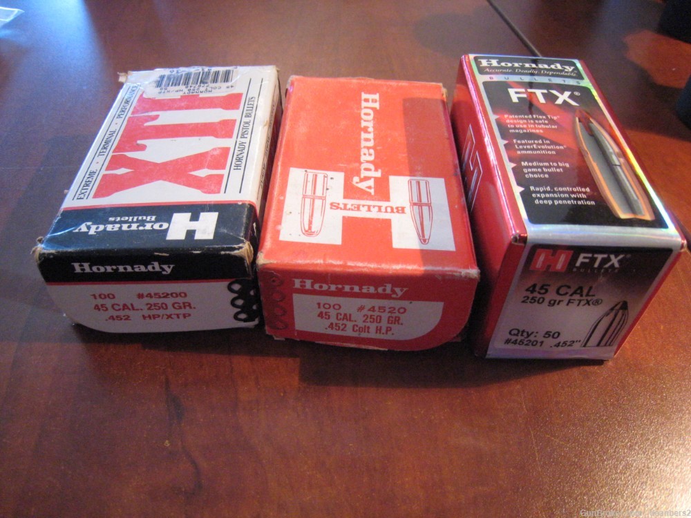 3 Boxes of .45 Colt Bullets, 250 Gr; Hornady XTP, JHP & FTX, 232 Bullets  -img-0
