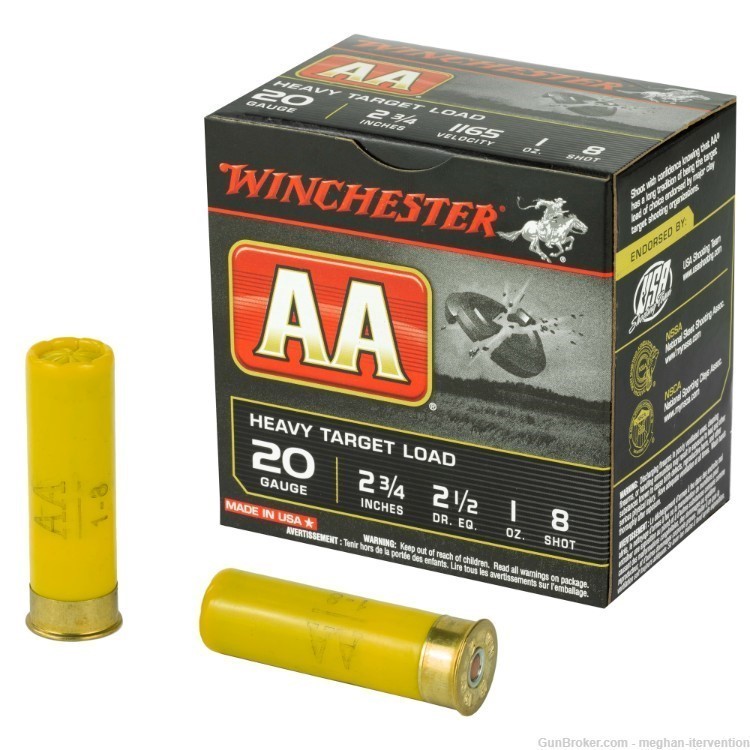 Winchester AA Heavy Target 20 Gauge 2.75? 1165 fps 1 oz. #8 – 25 Rounds-img-0