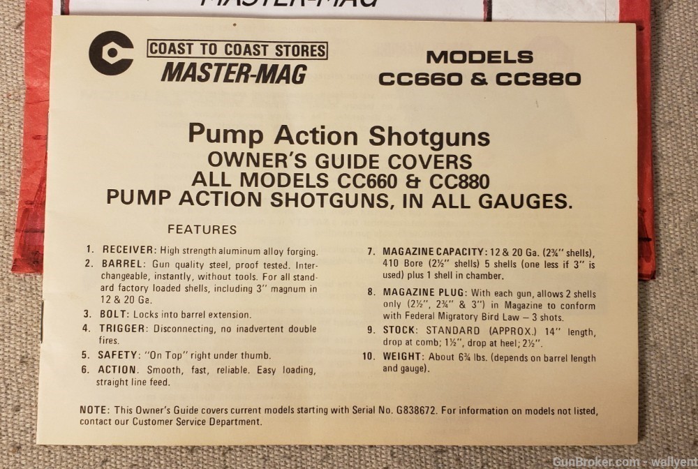 Coast To Coast Master-Mag Manual Models CC660 & CC880 Shotguns Factory Orig-img-1