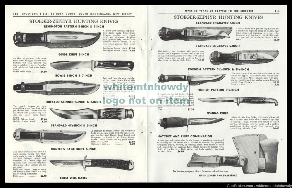 1958 STOEGER Unting Knife 2-page AD SPREAD 12 Knives shown w/ original pric-img-0