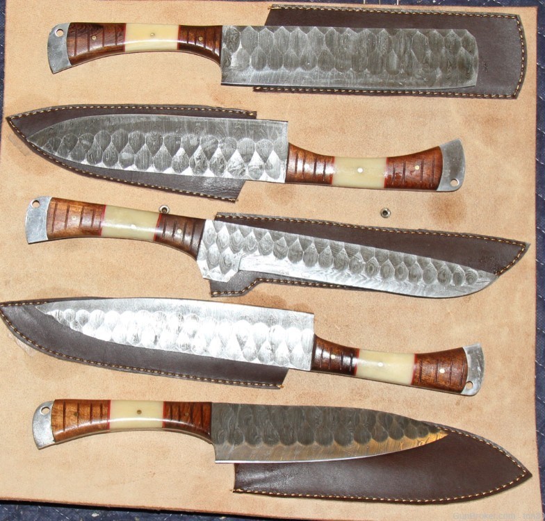 CUSTOM HANDMADE DAMASCUS STEEL CHEF SET 5 PIECES WITH LEATHER-img-0