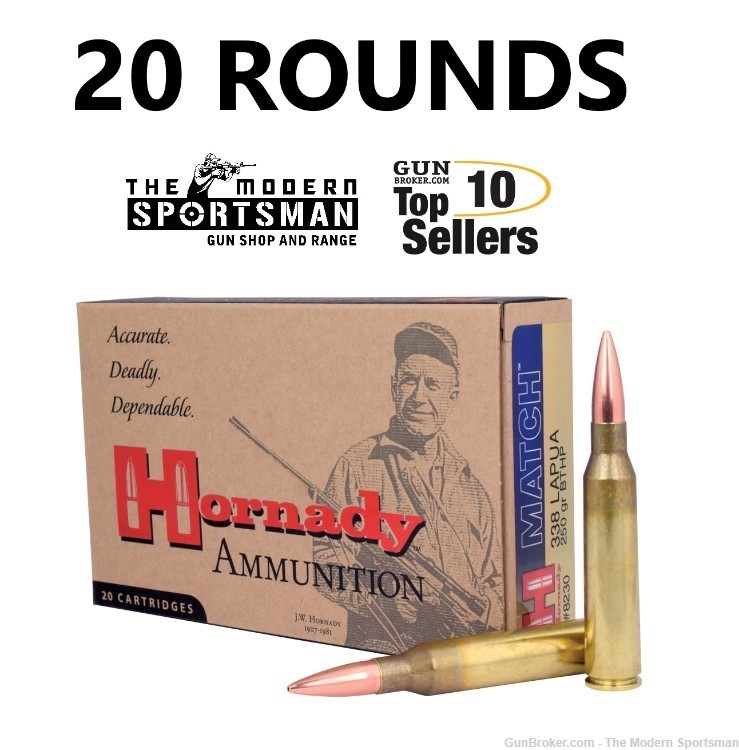 Hornady Match Ammunition 20Rds 338 LAPUA MAG 250gr BTHP 20 ROUNDS 8230-img-0