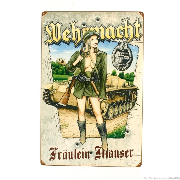 German WWII Replica "Vintage" Metal Sign Fraulein Mauser Girl & 98k Rifle-img-0
