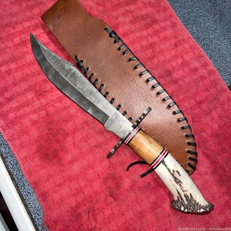 Damascus Steel Bowie w/Stag & Wood Grips-img-9