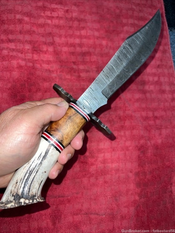 Damascus Steel Bowie w/Stag & Wood Grips-img-3