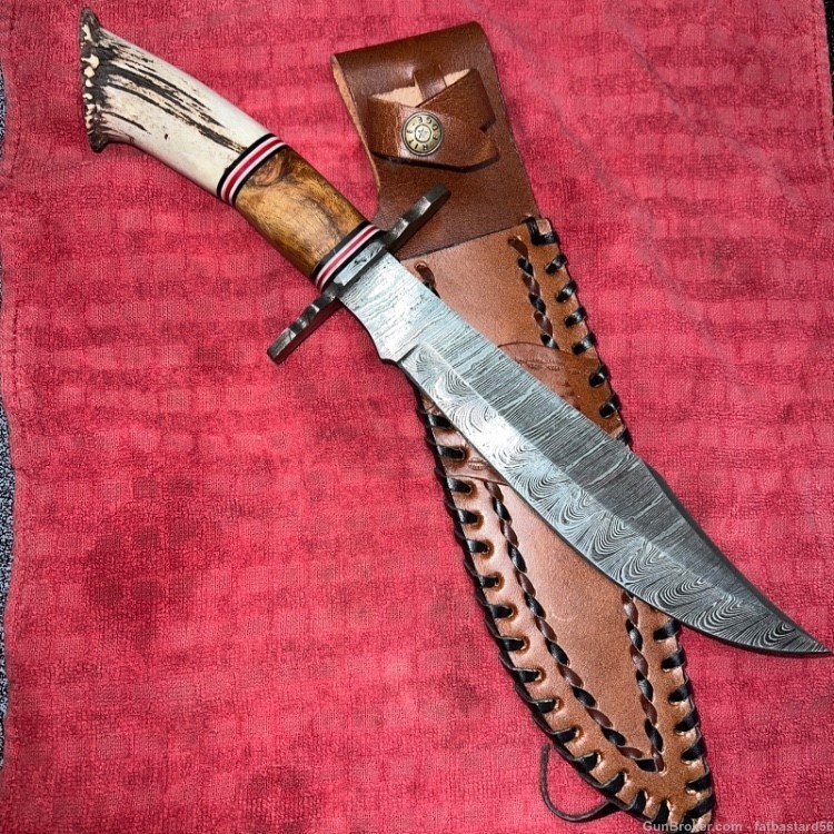 Damascus Steel Bowie w/Stag & Wood Grips-img-0