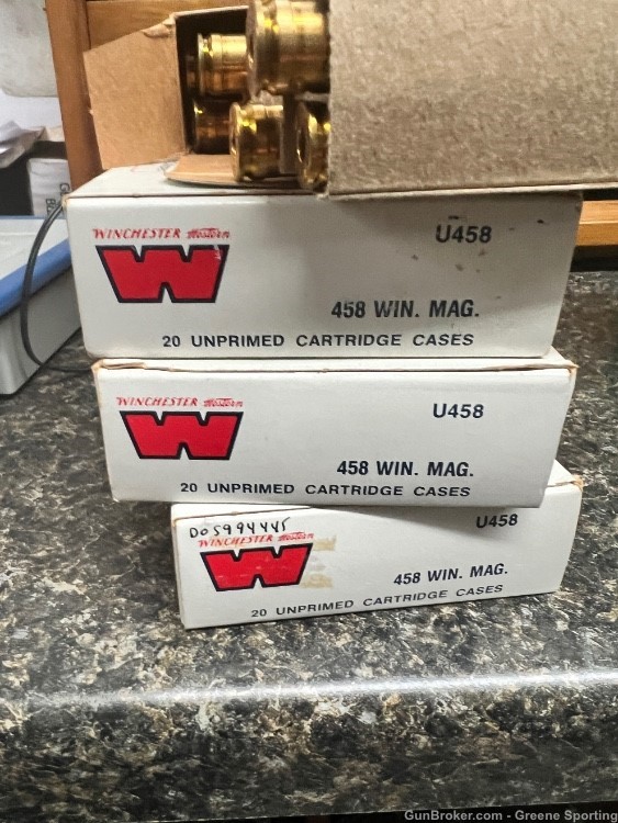 New Unprimed Winchester Brand 458 Winchester Reloading Brass 4boxes, 80 ea-img-0