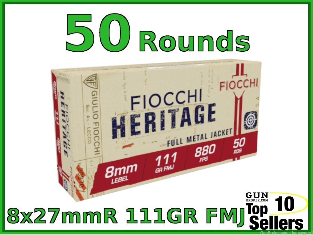 Fiocchi Heritage 8mm Lebel French Ordnance 8x27mmR PISTOL Ammo FMJ 50ct Box-img-0