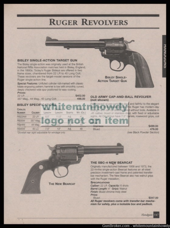 2001 RUGER Bisley SA Target and New Bearcat SBC-4 Revolver PRINT AD-img-0