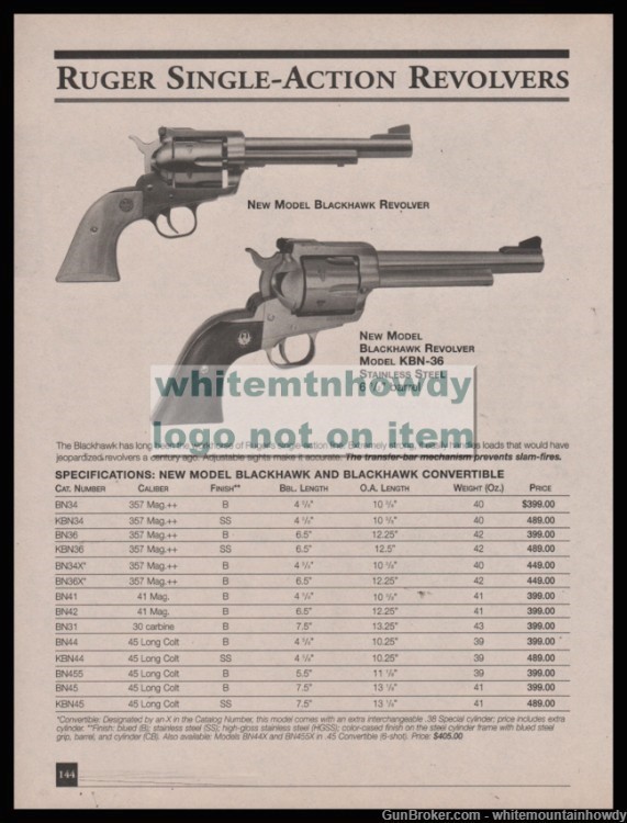 2001 RUGER New Model Blackhawk and KBN-36 Revolver PRINT AD-img-0